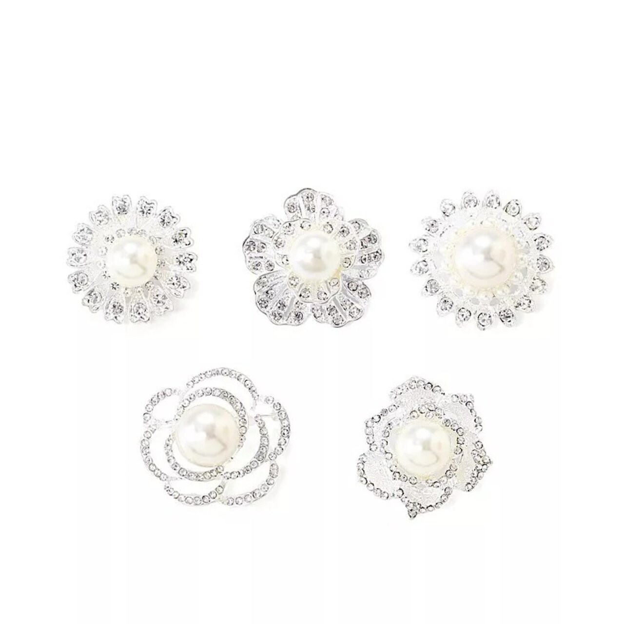5 pcs Silver Metal Assorted Brooches Pins with Flowers Rhinestones and Pearls